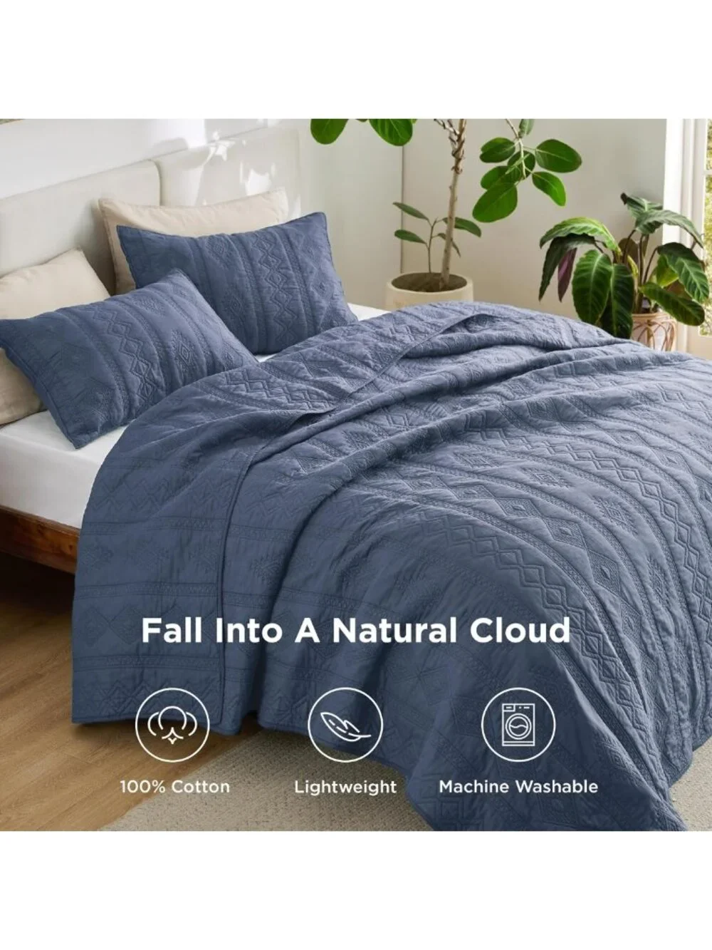 100% Cotton King Quilt Set - Soft Dusty Blue Bedspread for Cozy Bedroom Decor